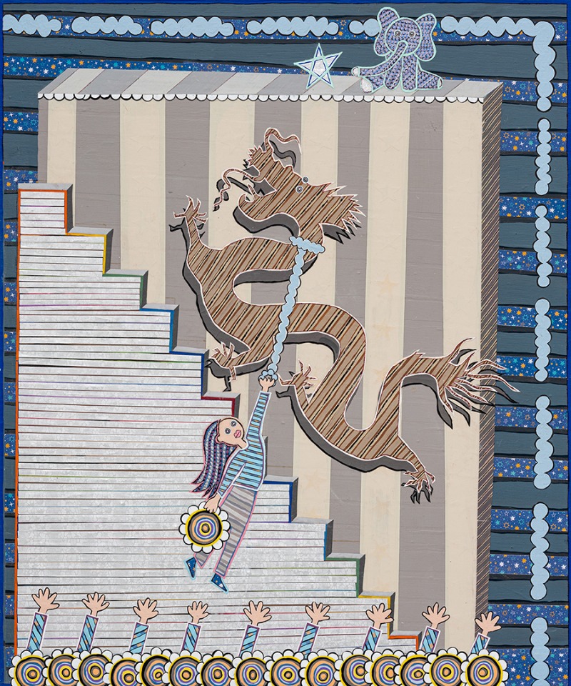 황희림, Dragon Ride · Acrylic, cut paper on panel · 45.5 x 37.9 cm · 2020 · Dragon Ride · Acrylic, cut paper on panel