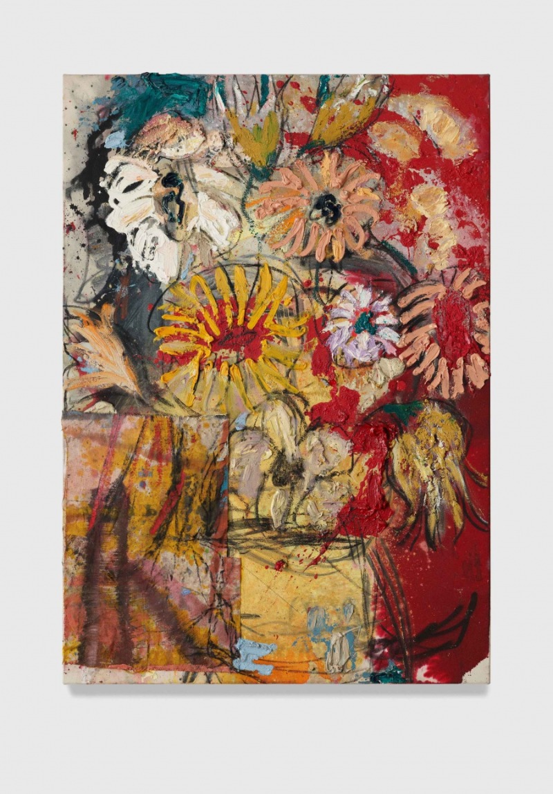 Flowers 10 (red and yellow) · Oil, acrylic, ink, pastel, charcoal, spray paint, pumice gel and collaged fabrics on canvas · 100 x 70 cm · 2021 (출처= 초이앤라거 갤러리) · Flowers 10 (red and yellow) · Oil, acrylic, ink, pastel, charcoal, spray paint, pumice gel and coll