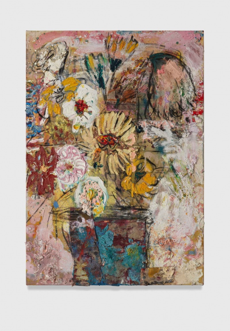 Flowers 13 (bleached pink with blue vase) · Oil, acrylic, ink, pastel, charcoal, spray paint, pumice gel and collaged fabrics on canvas · 100 x 70 cm · 2021 (출처= 초이앤라거 갤러리) · Flowers 13 (bleached pink with blue vase) · Oil, acrylic, ink, pastel, charcoal, spra