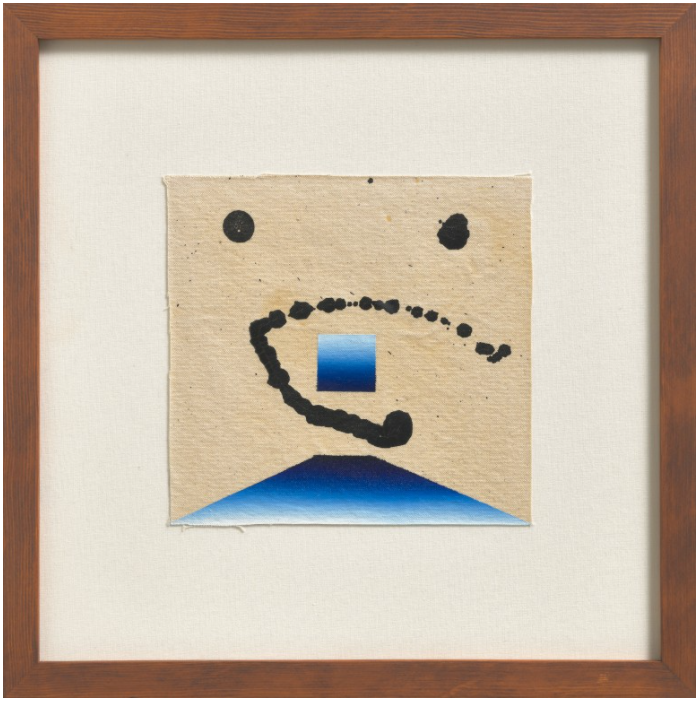 20 x 20 시리즈 No.57(부제;너의목소리가들려.) · 광목 천에 유화와 먹 액자포함 · 38 x 38 x 2.5cm · 2021 (출처=아트스페이스그로브)