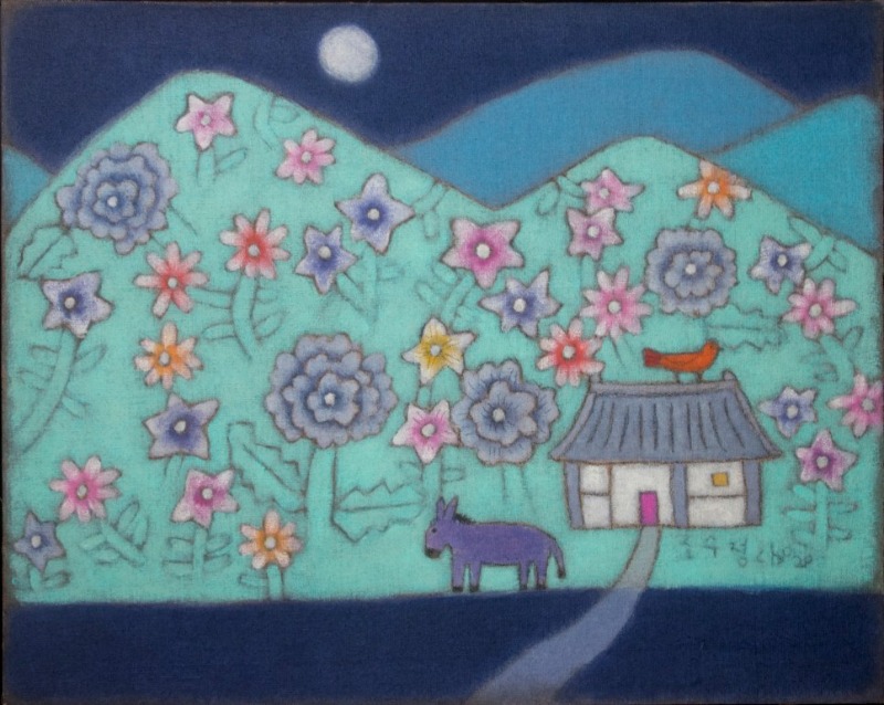 달밤엔 모든 것이 푸르다 · 황마캔버스에 혼합재료 · 91 x 73 cm · 2020