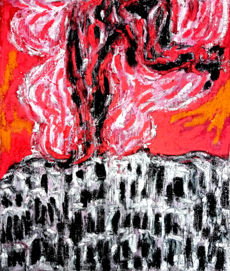 연탄불이 타기 전에 죽거나 또는 성공하거나 · 캔버스에 유채, 아크릴 · 24.8 x 20.9 cm · 2020 · acrylic & oil pastel on canvas