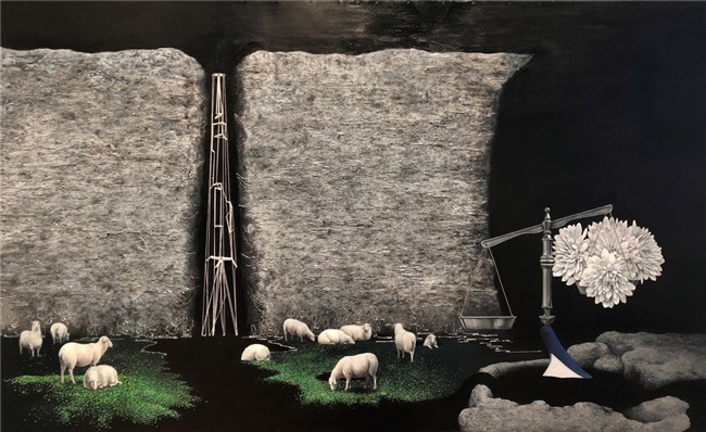 어느 어떤 곳 · Mixed Media on Panel · 105 x 175cm · 2018 (출처= 솅겐갤러리)