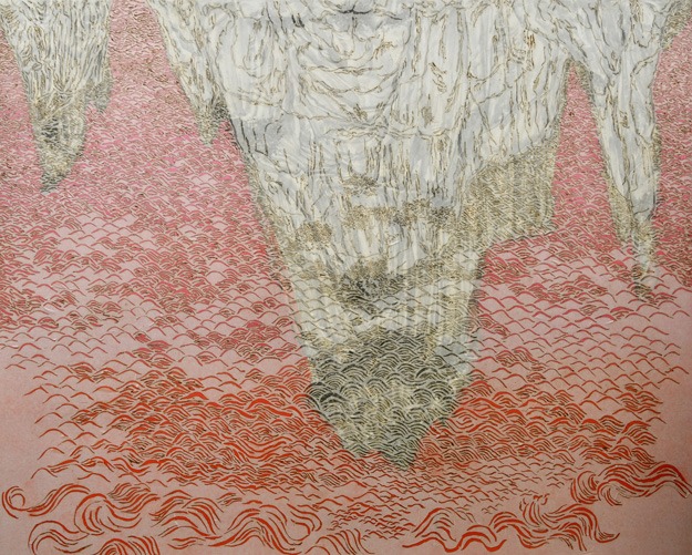 기억에 비친 섬 · 장지에 채색, 순지에 인두, 콜라주 · 130 x 160cm · 2019 (출처= 갤러리오누이)