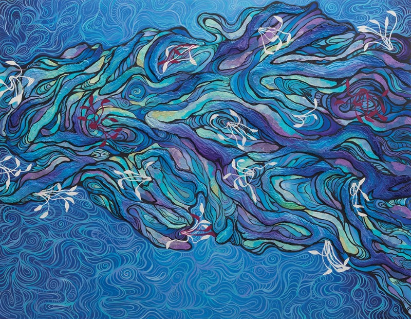 Creation of soul · 실크에 채색, 혼합 재료 · 116.8x91cm · 2018 (출처= schengen gallery) · Creation of soul