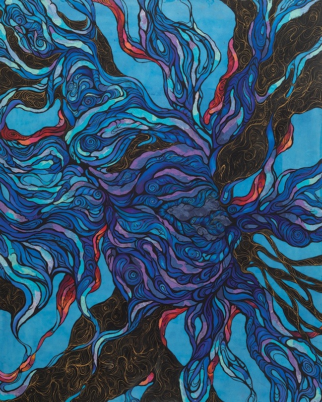 Creation of soul · 실크에 채색, 혼합 재료 · 116.8x91cm · 2018 (출처= schengen gallery) · Creation of soul