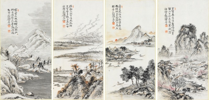 사계산수(춘하추동) · 한지에 수묵담채 · 66*33.5cm*4P · 1940 (출처= 광주시립미술관)