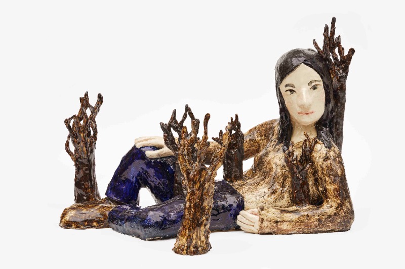 Klara Kristalova, Girlforest · Glazed Stoneware · Girlforest: 57 x 75 x 38 cm | 22 7/16 x 29 1/2 x 14 15/16 in, A pair of trees: 34 x 11 x 13 cm | 13 3/8 x 4 5/16 x 5 1/8 in. · 2021 Photo: Carl Henrik Tillberg. Courtesy of the artist and Perrotin. · Klara Kri