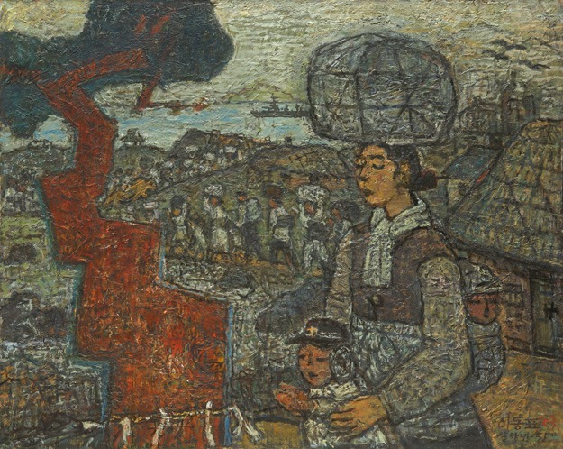 동운사람들 새벽부터 열지어 피난길에 오른다. 멀리서 기다리는 LST군함 한척이 고맙다 · Oil on Canvas · 92.0 x 116cm · 2004 (출처= 미광화랑) · Dongwoon people open the door from dawn to evacuate. Thank you for the one LST warship waiting from afar · Oil on Canvas