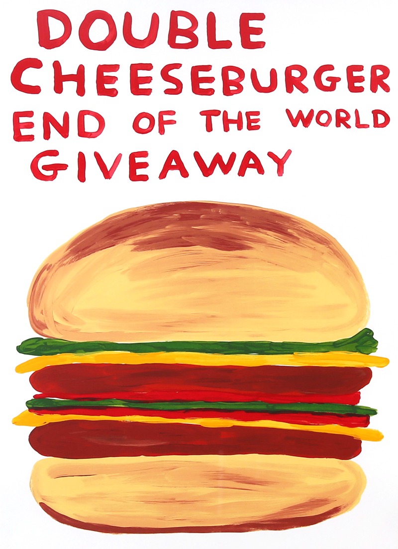 데이비드 슈리글리, Double Cheeseburger End of the World Giveawa (ed.125) · 스크린 프린트 · 76 x 56 cm · 2020 (출처=신세계갤러리) · David Shrigley, Double Cheeseburger End of the World Giveawa (ed.125) · Screenprint