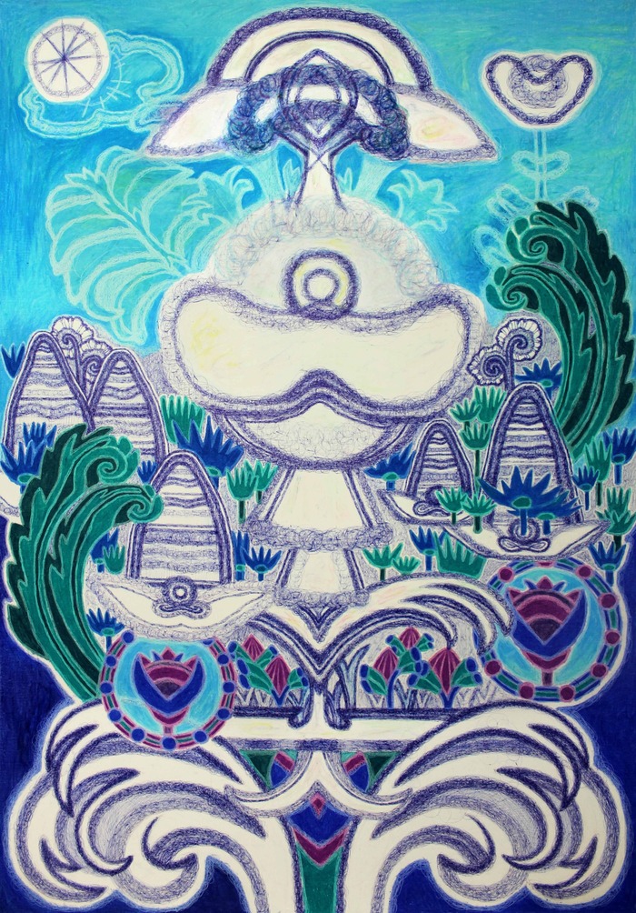 비인간적 풍경 · 캔버스에 크레용, 색연필 · 162 x 112 cm · 2021(출처=페페로미 블로그) · an inhumane landscape · crayon, color pencil on canvas