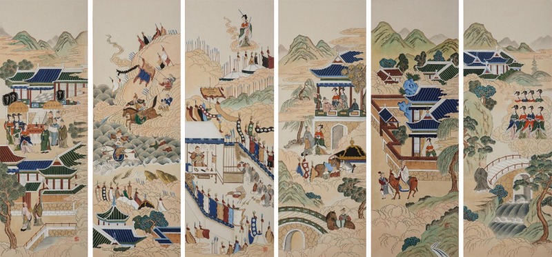 구운몽도 · 종이에 수묵채색 · 각 114 × 40 cm × 6 · 2020( 출처=이천시립월전미술관) · 9 dreams · ink and color painting on paper