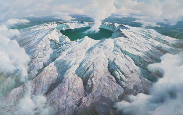 백두산 천지 · 캔버스에 유채 · 163 x 102 cm · 2017(출처=국립아시아문화전당) · Mt. Baekdu · Oil on canvas