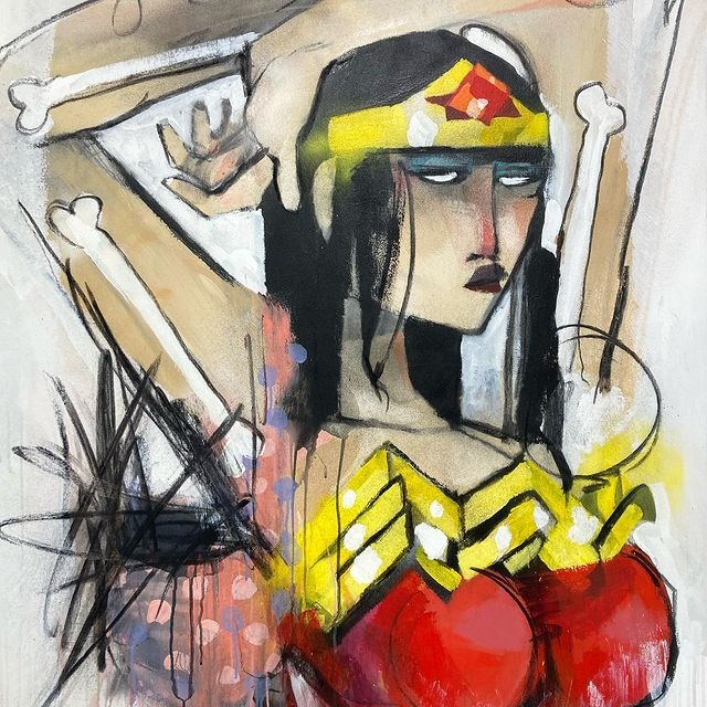 Lady Lost Hand-Bag · 캔버스에 아크릴, 혼합매체 · 130 x 100 cm · 2021(c) Anthony Lister & Courtesy of Galerie Brugier-Rigail · Lady Lost Hand-Bag · Acrylic and mixed media on canvas