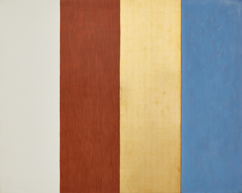 Untitled III · Egg tempera, gold leaf, red gilding clay on gessoded panel · 121.9 x 152.4 cm · 1986 © Mary Obering. Photography: Flying Studio, Los Angeles. Courtesy:  Kayne Griffin, Los Angeles and Gana Art, Seoul. · Untitled III · Egg tempera, gold leaf, red