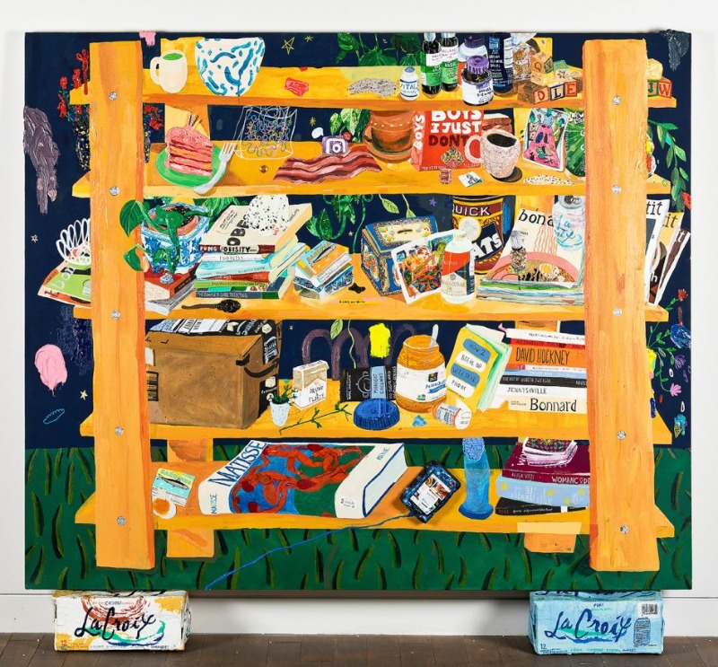 My Pantry · Acrylic, ink, paper, tape, puffy paint, candle, cardboard, paper mache, marker, glitter, and assorted objects on canvas with Acrylic, ink, and paper mache on cardboard · 152.4 x 182.9 cm, 60 x 72 in (canvas) | 35.6 x 15.2 x 22.9 cm, 14 x 6 x 9 i