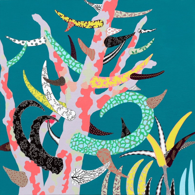 생명나무 TREE OF LIFE · 캔버스 위에 아크릴, 콜라주 · 91x91cm · 2021 (이미지 제공 = 스페이스 엄) · 생명나무 TREE OF LIFE · mixed media