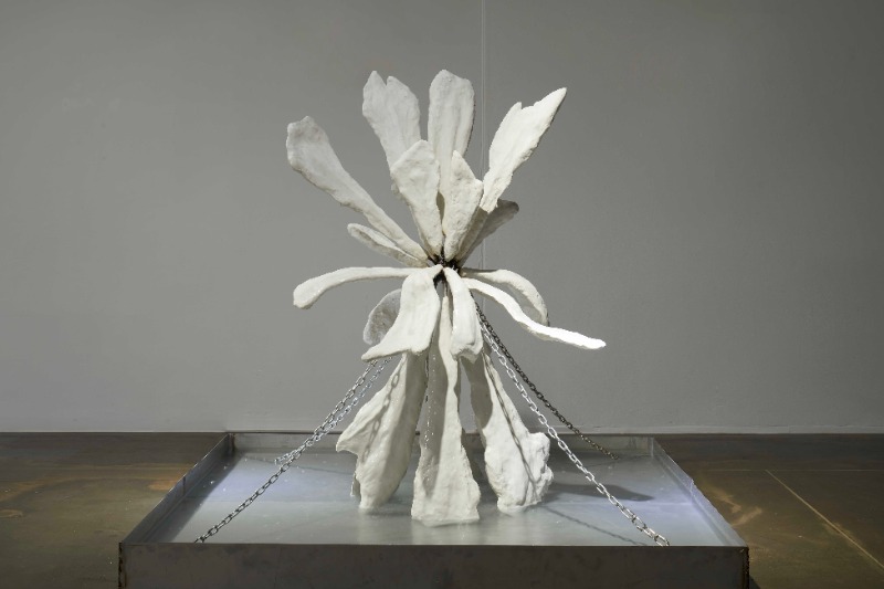 유지오, D₂ · Resin, Chain, Stainless steel, Hose, Underwater motor, Water · 180x180x164cm · 2021 (이미지 제공 = 유아트스페이스) · Ji O Yoo, D₂ · Resin, Chain, Stainless steel, Hose, Underwater motor, Water