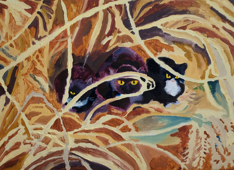 길고양이들 · 캔버스에 유채 · 24.2×33.4cm · 2020 (출처= 플레이스막1) · Stray Cats