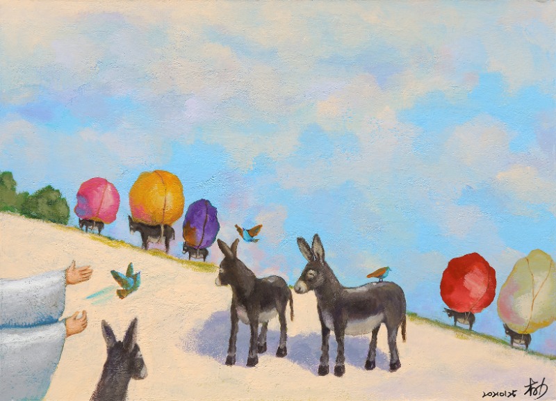 박혜선, 행복한 나귀(from꿈이 있는 자유) · 아크릴 · 26X35.5cm · 2021 (이미지 제공 = 스페이스 엄) · Acrylic on canvas