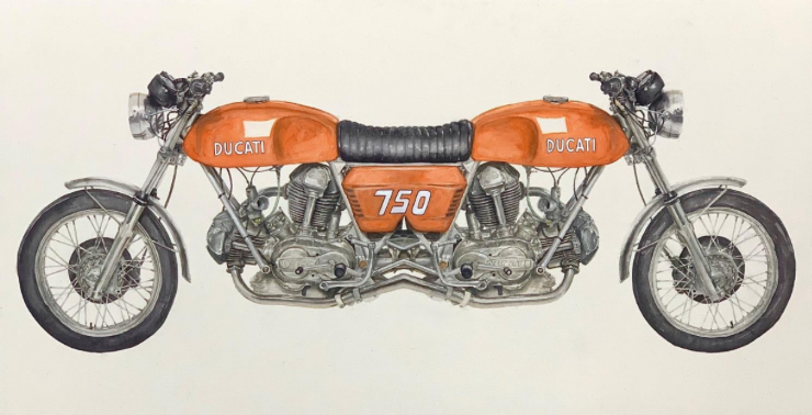 황성욱 Symmetric Bike-Ducati 750 · 광목에 수묵채색 · 135 x 70 cm · 2021 (이미지출처 = 아트스페이스 퀄리아)