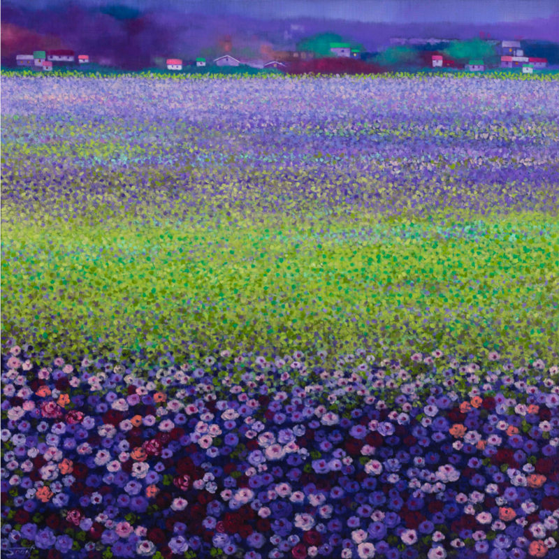 동백다시피다_연두 청보라 · oil on canvas · 60.6cmx60.6cm · 2019 (이미지출처=에코락갤러리) · oil on canvas