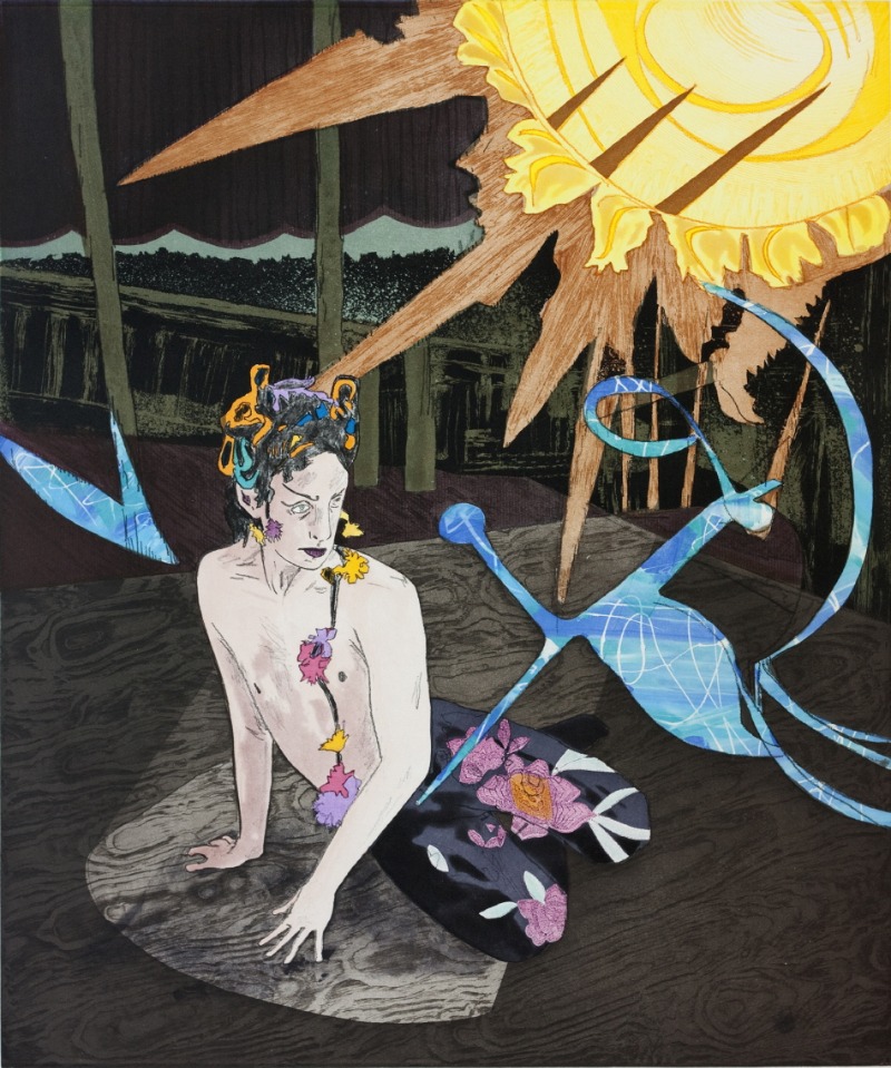 헤르난 바스, Comus In a Drunken Stupor · Color softground and flatbite etching, spitbite aquatints, dry point and burnish, Ed.25 · 56.69 x 50.8 cm · 2013 (출처=대전 신세계갤러리) · Hernan Bas, Comus In a Drunken Stupor · Color softground and flatbite etching, spitbite aquati