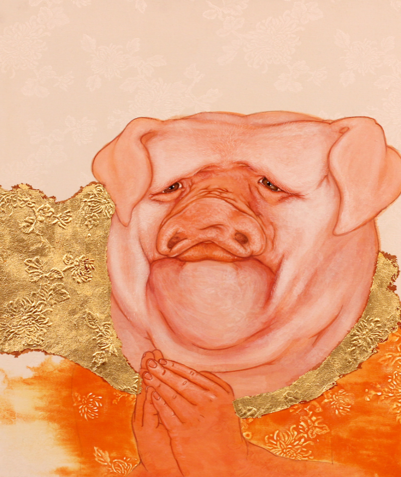 비나이다_복덕 · 실크양단위에 수간채색, 금박기법(금-순도 99.9%) · 37.9cm x 45.5cm · 2018 (이미지출처 = 에코락갤러리)