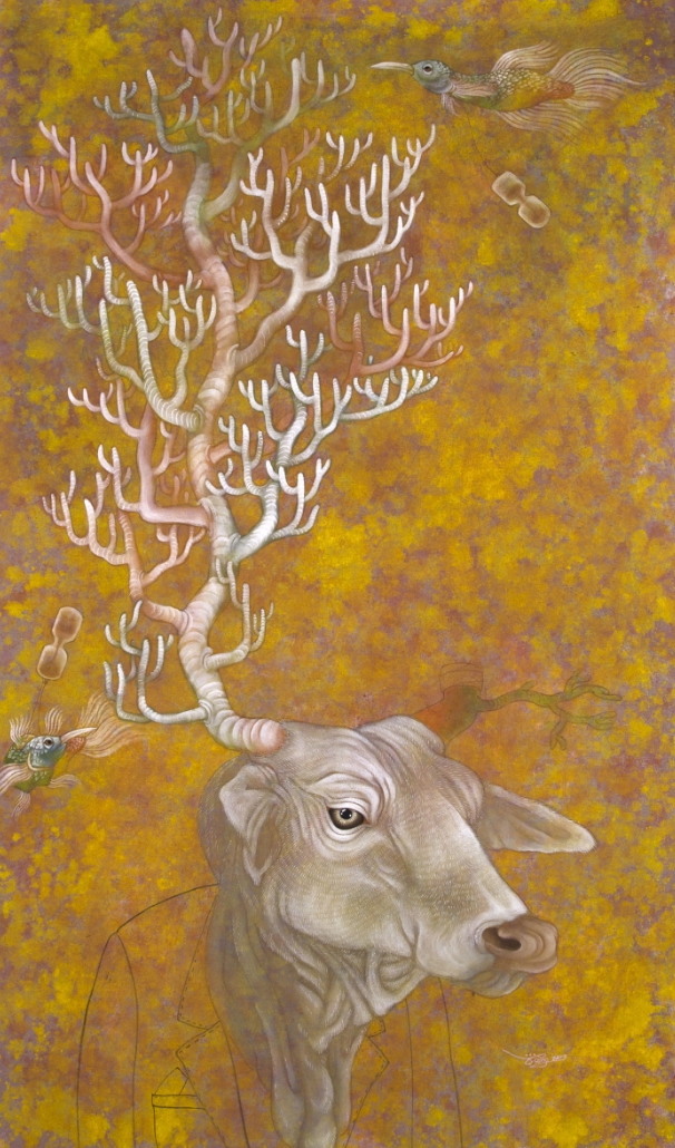 이상과현실의괴리감 · 광목에 수간채색 · 60.6cm x 130.0cm · 2014 (이미지출처 = 에코락갤러리)