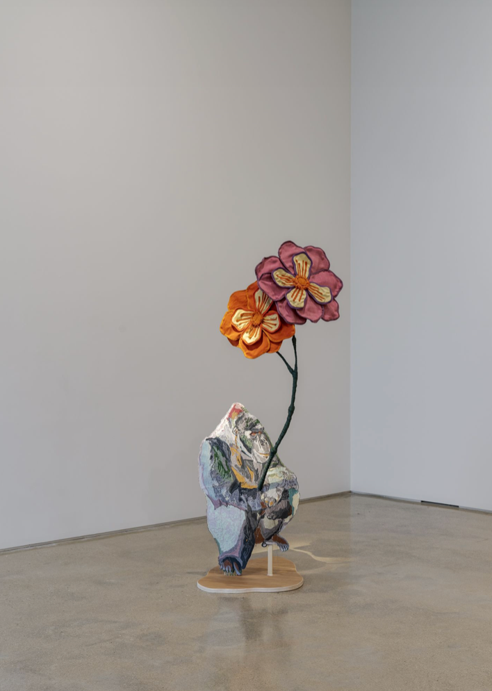 Ishmael: Even the Gorilla Needs a Flower · Cotton, viscose rayon threads, wood, steel, and various fabrics. Approx · 100 x 100 x 200 cm · 2021 (이미지출처 = pkm갤러리) · Ishmael: Even the Gorilla Needs a Flower · Cotton, viscose rayon threads, wood, steel, and various
