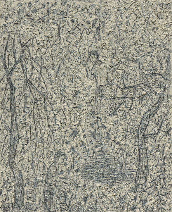 정원과 두 남자 · 캔버스에 유화, 연필 · 27.4 x 22.2 cm · 2021 사진: 안천호 (이미지 출처= 국제갤러리)