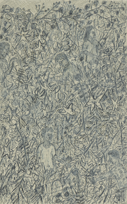 정원과 가족 · 캔버스에 유화, 연필 · 26 x 16.2 cm · 2021 사진: 안천호 (이미지 출처= 국제갤러리)