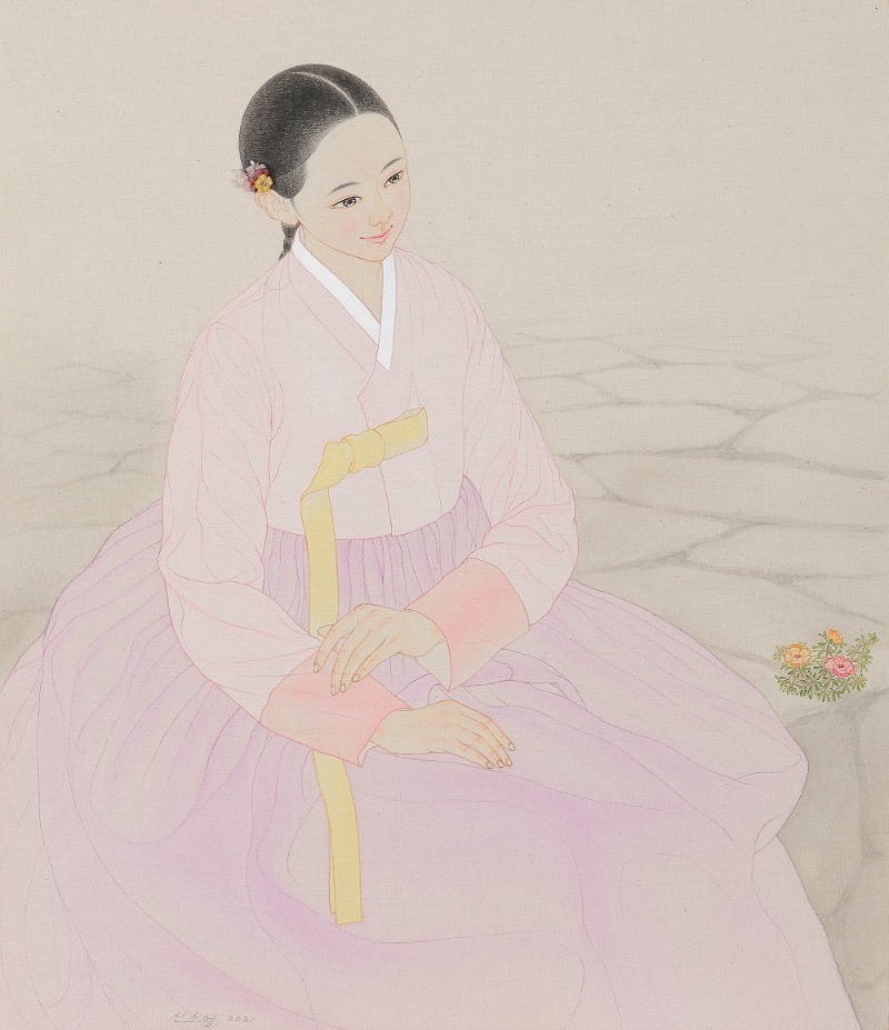 인연 · 광목에 수묵담채 원석 · 53×45.5cm · 2021 (이미지 제공 = 스페이스엄)