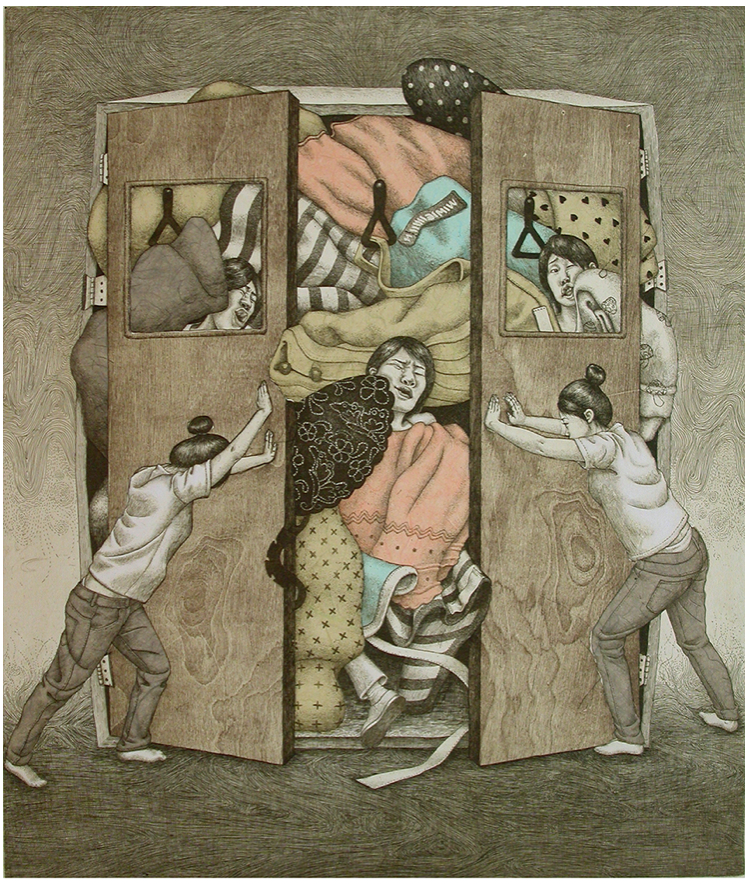 A morning subway~pusher · 에칭, 신콜레 · 48x40cm · 2008 (이미지출처 = 에코락갤러리) · A morning subway~pusher · Etching, Chinecolle