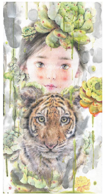 서승은, Succulents girl & tiger · watercolor, acrylic on Hanji · 70x36cm · 2022 (이미지출처 = 갤러리반디트라소) · 서승은, Succulents girl & tiger · watercolor, acrylic on Hanji