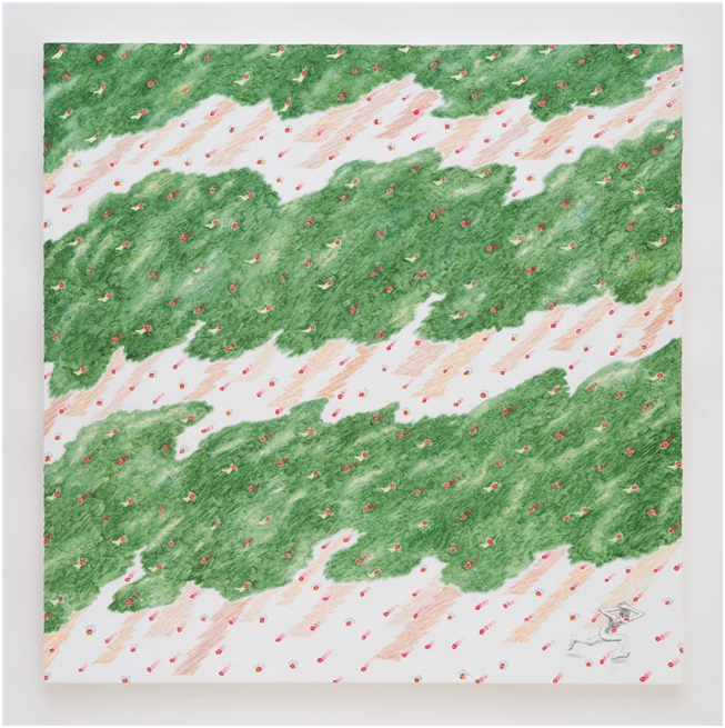 카나리아의 복수 · 캔버스에 유채, 색연필, 볼펜 · 100×100cm · 2021 (이미지출처 = 페이지룸8)