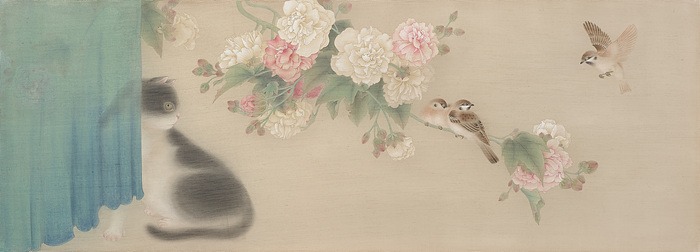 풍박함, 花阴忆狸奴(화음억이노) · 견에 먹과 새 · 125 × 45 × 2.5 cm · 2022 (출처=한원미술관)