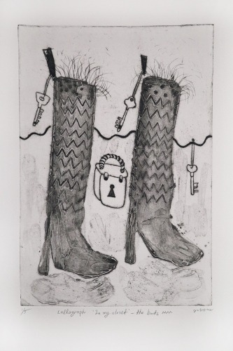 예경희, In my closet-the boots · collagraph · 27x40cm · 2021 (이미지출처 = BNK부산은행갤러리) · In my closet-the boots · Collagraph