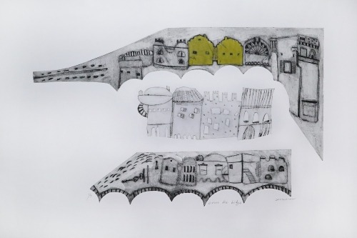 예경희, cross the bridge · collagraph · 56x30cm · 2021 (이미지출처 = BNK부산은행갤러리) · cross the bridge · Collagraph
